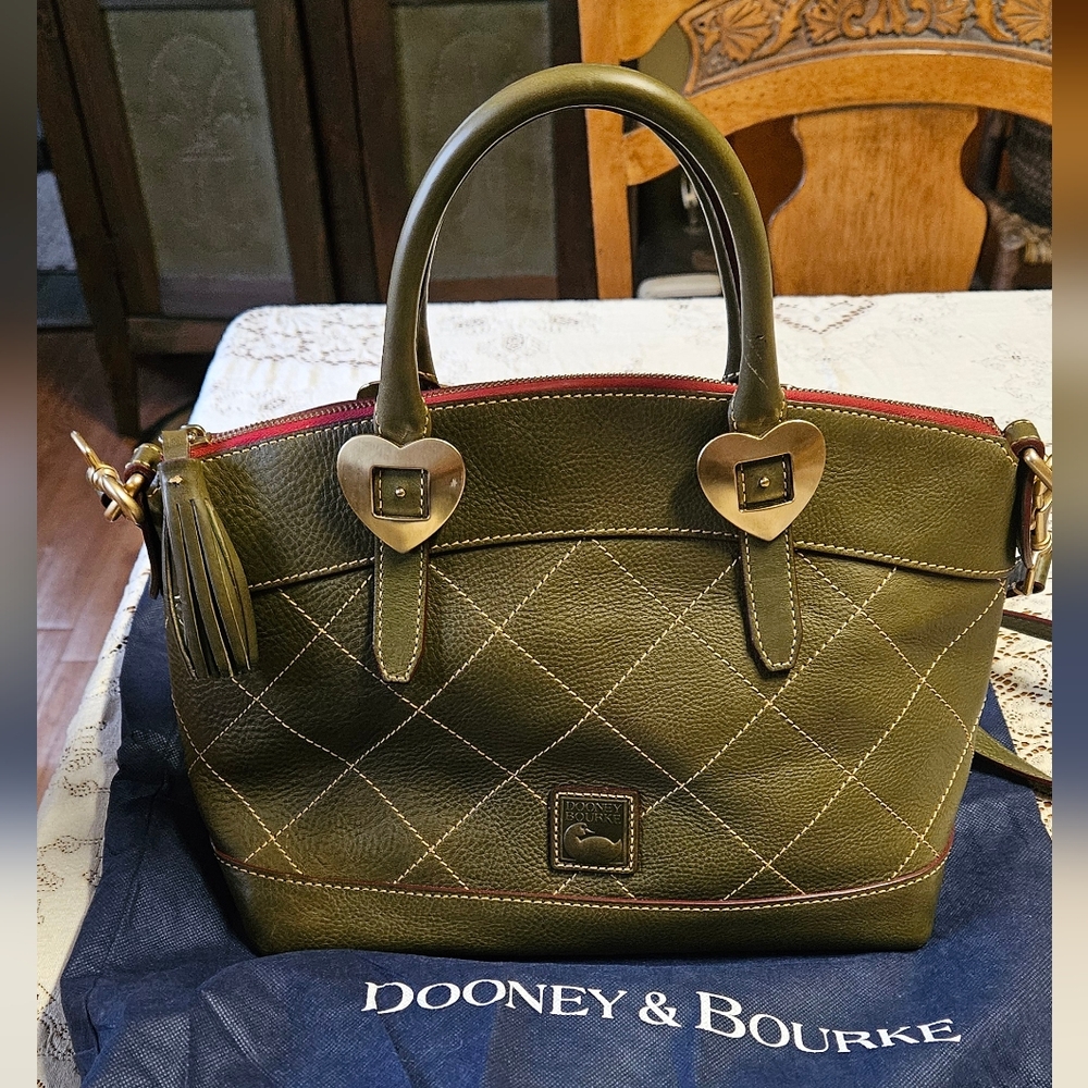 Dooney & Bourke Olive Quilted Leather Satchel with Red Zipper and Heart Hardware